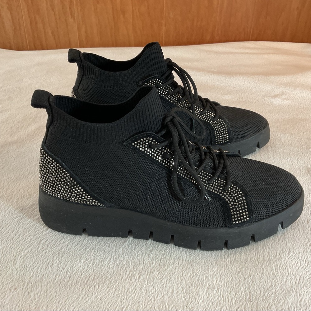 bernie mev. Black Knit Lace-Up Slip-On Sneakers with Crystal Accents
